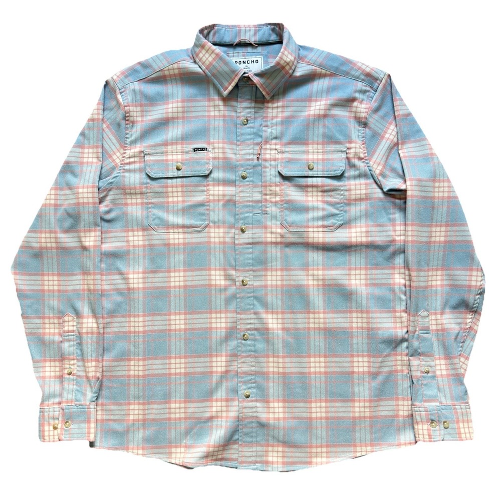Poncho Mens Flannel Shirt Sz XL Slim Fit Blue Pink Plaid Outdoor Magnetic Pocket